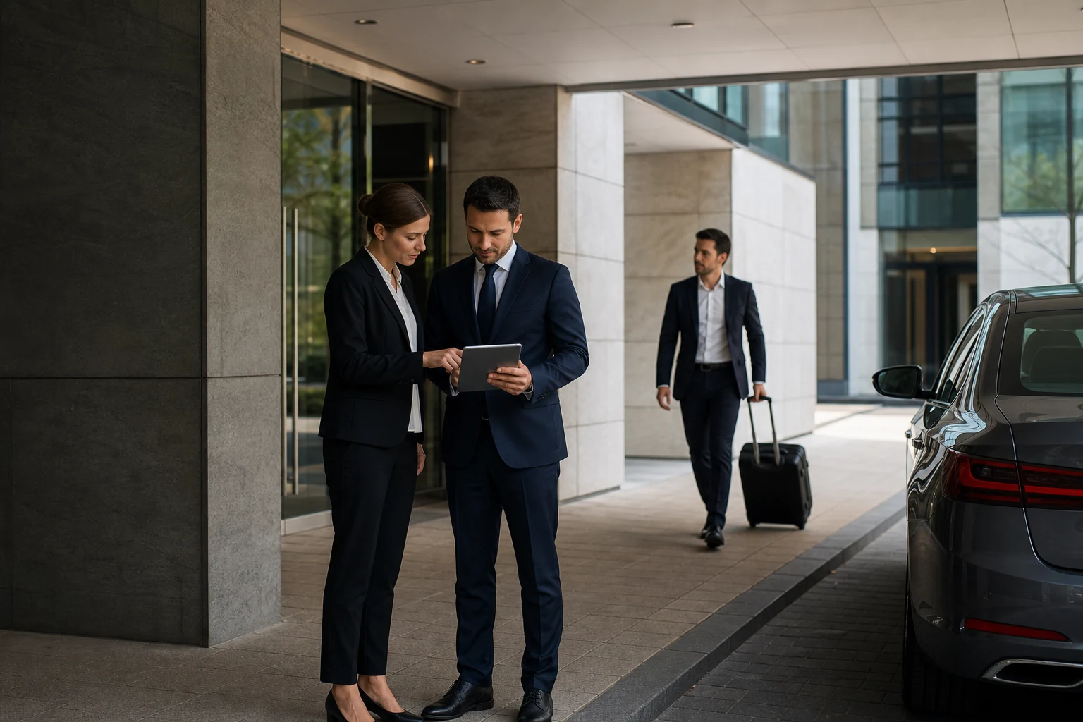 Executive Assistant Chauffeur Munich: Executive assistant and chauffeur confirm a guest itinerary at a Munich business address.