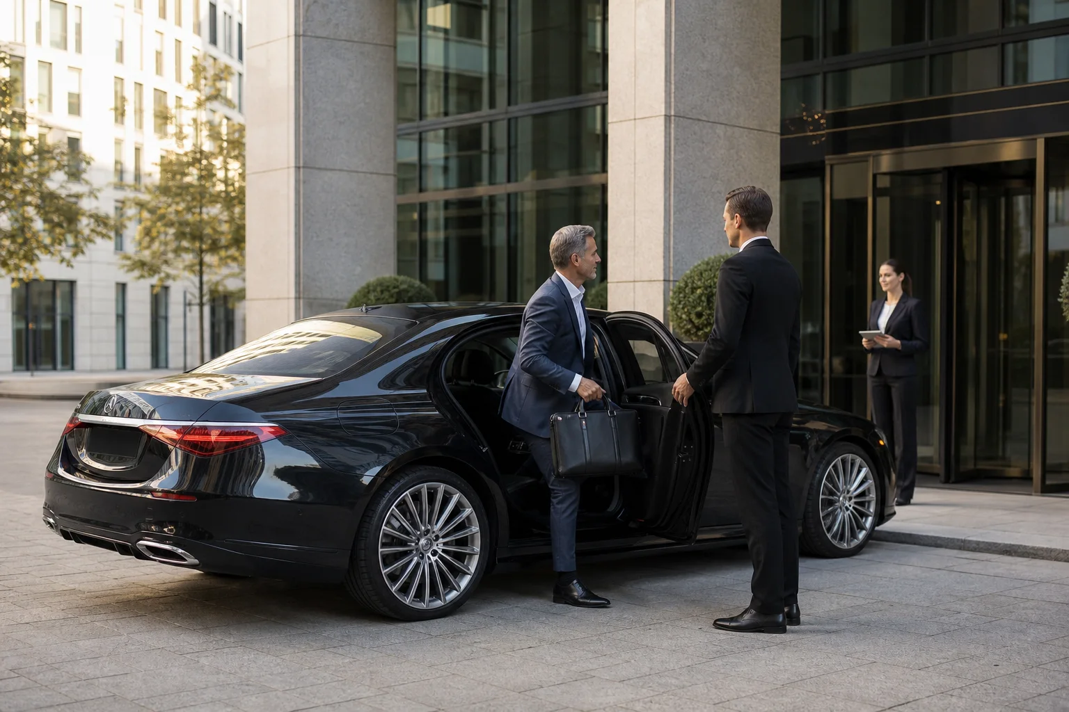 Executive Chauffeur Munich: Executive arriving by chauffeur vehicle at a Munich office.
