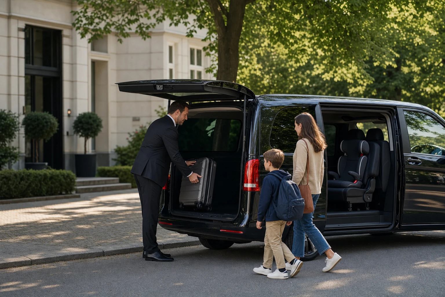 Private Chauffeur Munich: illustrative scene with family, luggage and van.