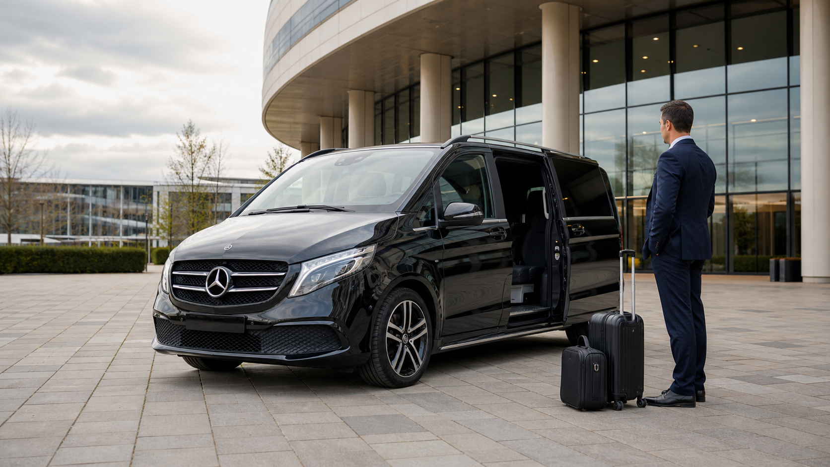 Illustrative black premium van with chauffeur and business luggage.