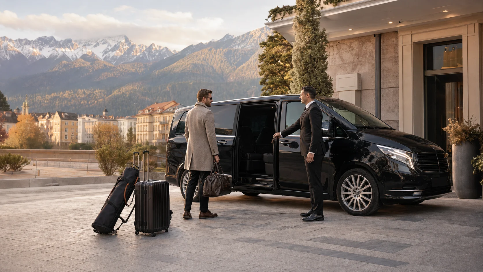 Munich Airport To Innsbruck Transfer: Chauffeur for Munich Airport To Innsbruck Transfer with van, ski luggage and guest at an Innsbruck hotel driveway below the Nordkette.