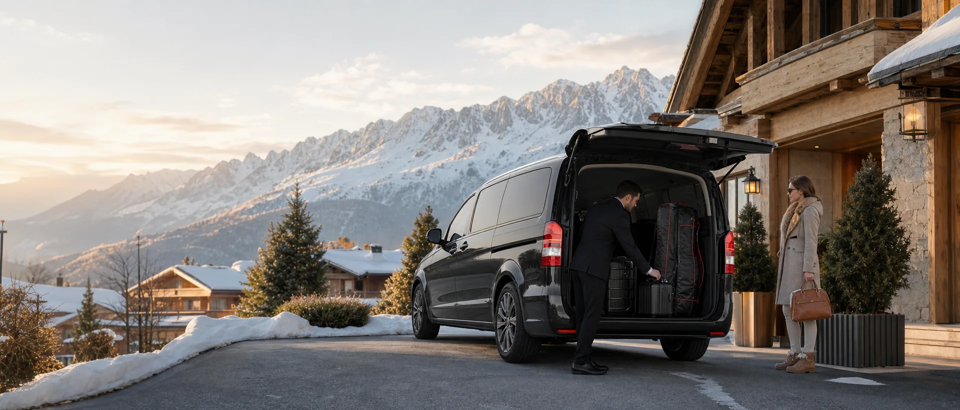 Munich Airport to Kitzbuhel Transfer: Chauffeur, van, ski luggage and guest at a Kitzbuhel chalet driveway.