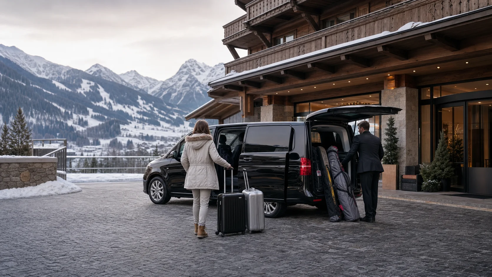 Munich Airport To Mayrhofen Zillertal Transfer: Chauffeur, van, guest and ski luggage at a Mayrhofen Zillertal hotel driveway.