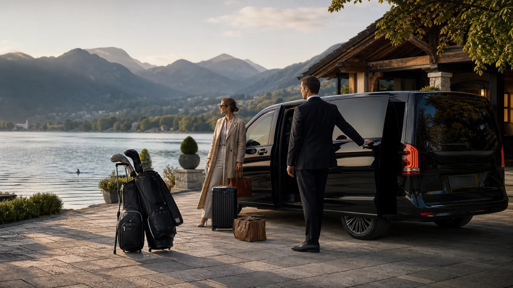 Munich Airport To Rottach Egern Transfer: Chauffeur, van, golf bag and guest at a Rottach-Egern lakeside driveway.