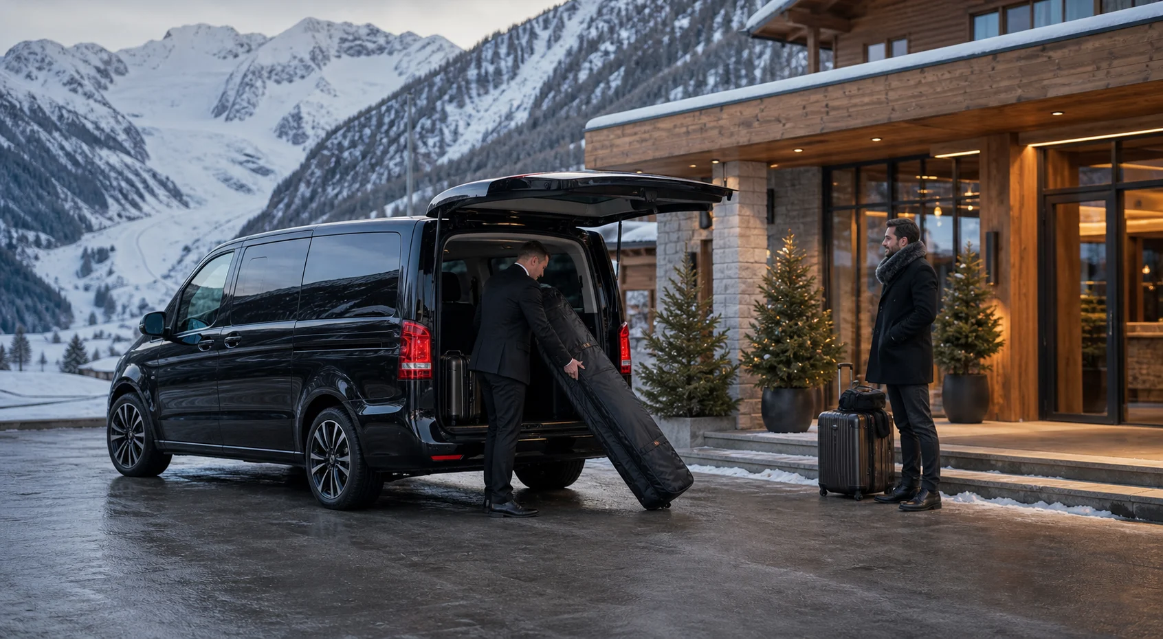 Munich Airport to Solden Transfer: Chauffeur for Munich Airport to Solden Transfer with ski luggage at an alpine hotel arrival in the Otztal Alps.