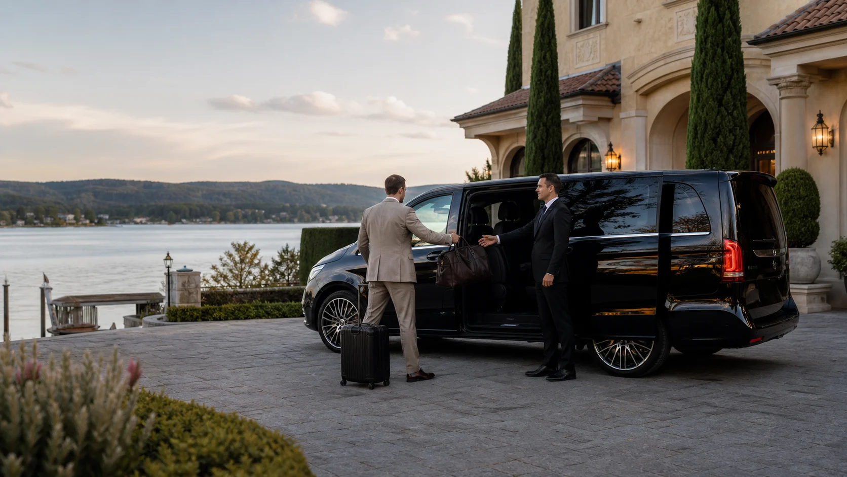 Munich Airport To Starnberg Transfer: Chauffeur for Munich Airport To Starnberg Transfer with van, guest and luggage at a Starnberg lakeside villa.
